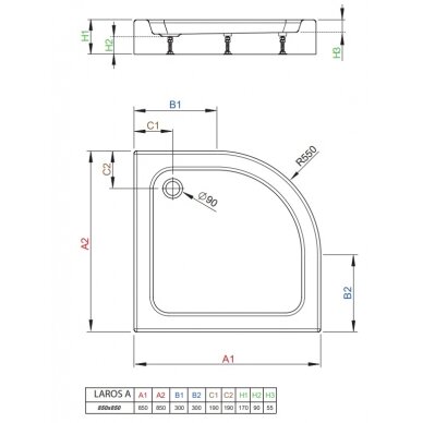 Akrilinis dušo padėklas Radaway Laros A compact 850x850x170, pusapvalis, baltas 1