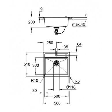 Grohe akmens masės plautuvė K700, 560x510 mm, granito juoda spalva 1