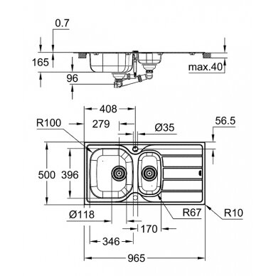 Grohe nerūdijančio plieno plautuvė K200, 96,5 x 50 cm, su nuvarvinimo dubeniu 2