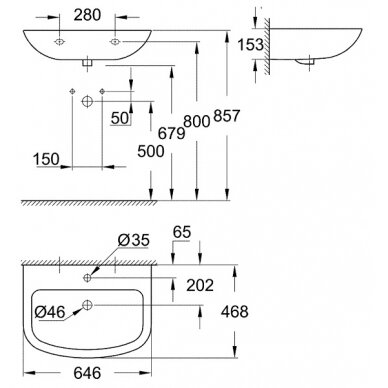 Grohe praustuvas BAU Ceramic 65cm su skyle maišytuvui, baltas 1