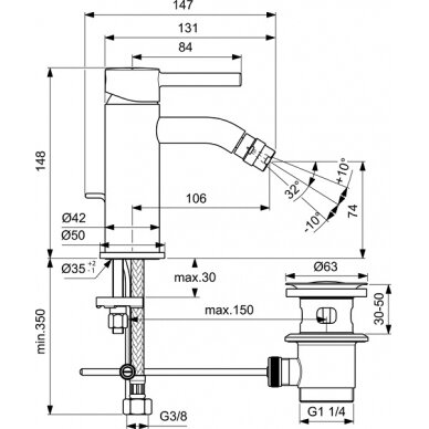 Ideal Standard Ceraline bide maišytuvas su dugno vožtuvu, matinė juoda 1