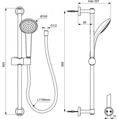 Ideal Standard Idealrain Soft rankinis dušas 100 mm (8 l/min) su reguliuojamu 600 mm stovu, 1750 mm žarna 1