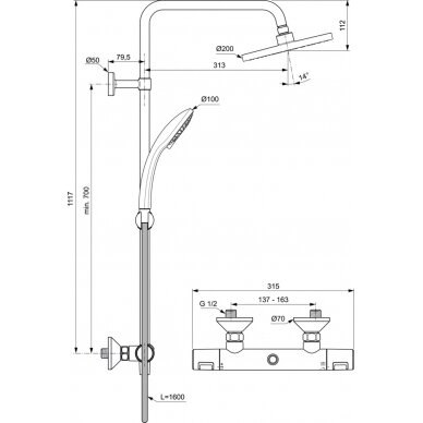 Ideal Standard termostatinė dušo sistema Ceratherm T25, chromas 1