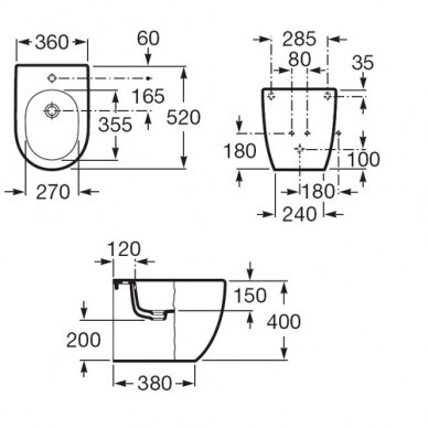 Pastatoma bidė Compact MERIDIAN (520x360x400 mm), glaudž. prie sienos, su tvirt.el., su anga maišytuvui 1