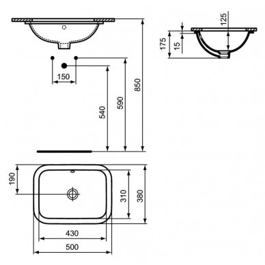 Praustuvas Ideal Standard Connect montuojamas stalviršyje iš apačios 50 cm (500 x 380 x 175), balta 1