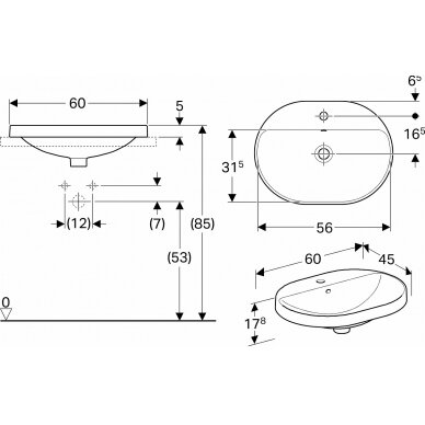 Praustuvas įleidžiamas VariForm 60 cm, elipsės formos, baltas 1