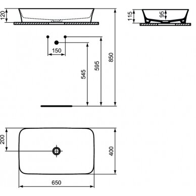 Praustuvas montuojamas ant stalviršio Ideal Standard Ipalyss 65x40 cm, be perlajos, su dugno vožtuvu, Nude 3