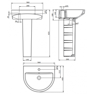 Praustuvas Urby  560x465x188 mm, su 1 skyle maišyt, mont. rink.,  baltas 2