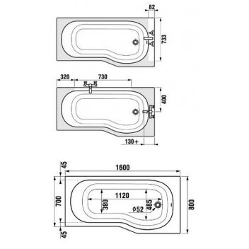 TIGO asimetrinė vonia 160 × 80/70 montavimui su uždengimu, dešininė, be kojelių, 185l, balta 1